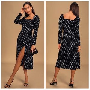 NWOT Lulus Charmed and Classy Black Polka Dot Long Sleeve Midi Dress